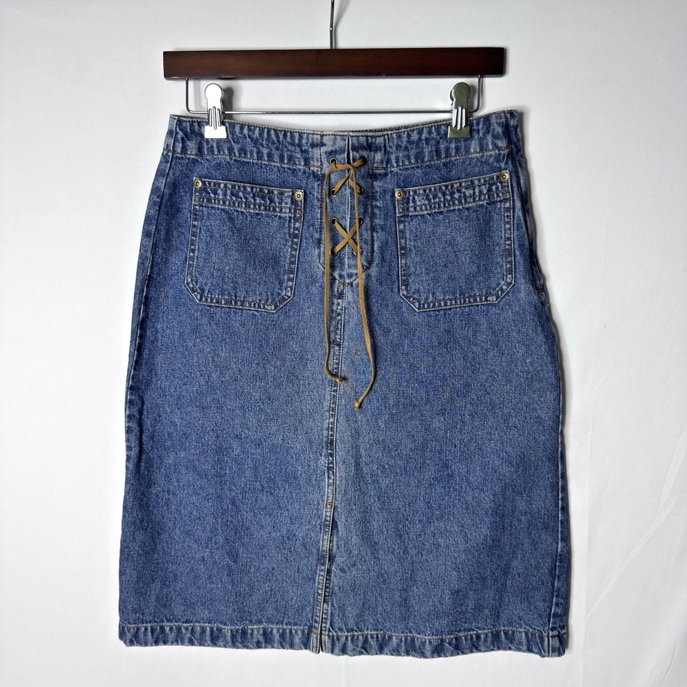 Vtg Y2K Denim Skirt Sz 6 Leather Lace Up Knee Length Patch Pocket 70s Retro Boho